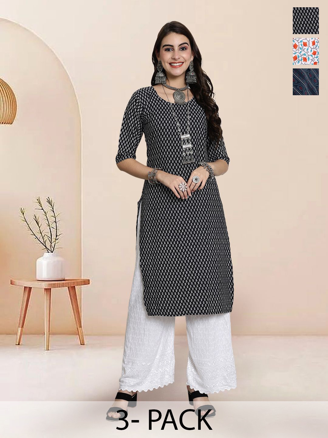 

7Threads Selection Of 3 Ethnic Motifs Printed Straight Kurtas, Black
