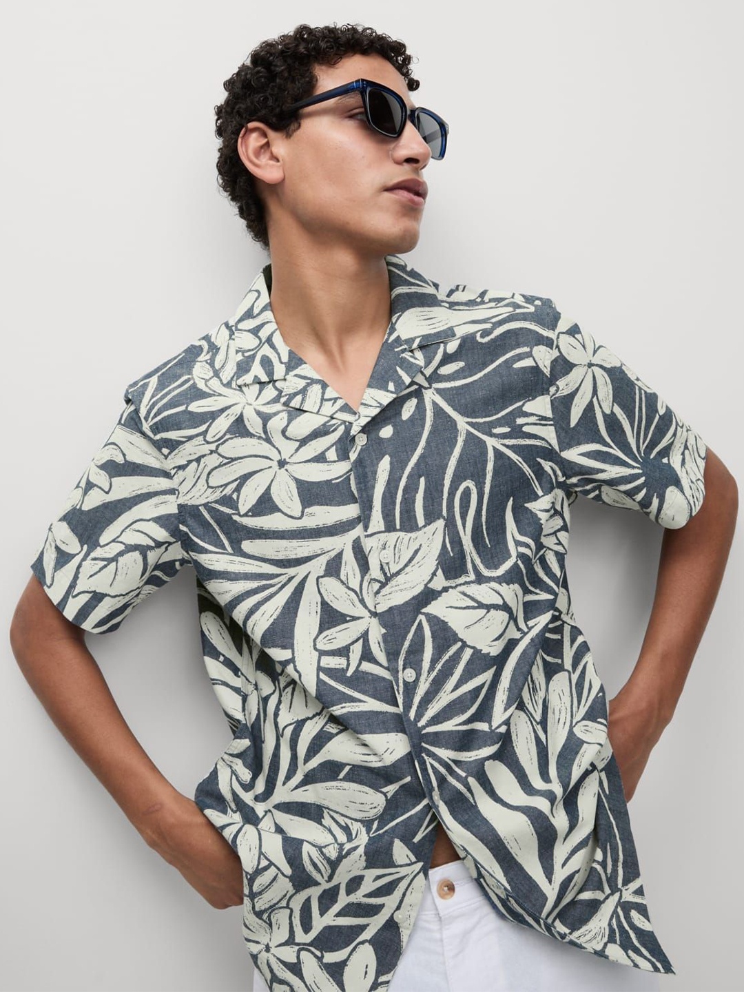 

Marks & Spencer Men Cuban Collar Floral Printed Cotton Casual Shirt, Blue