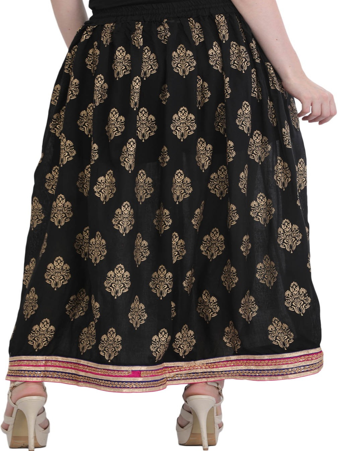 

Exotic India Ethnic Motif Printed Flared Maxi Skirts, Black