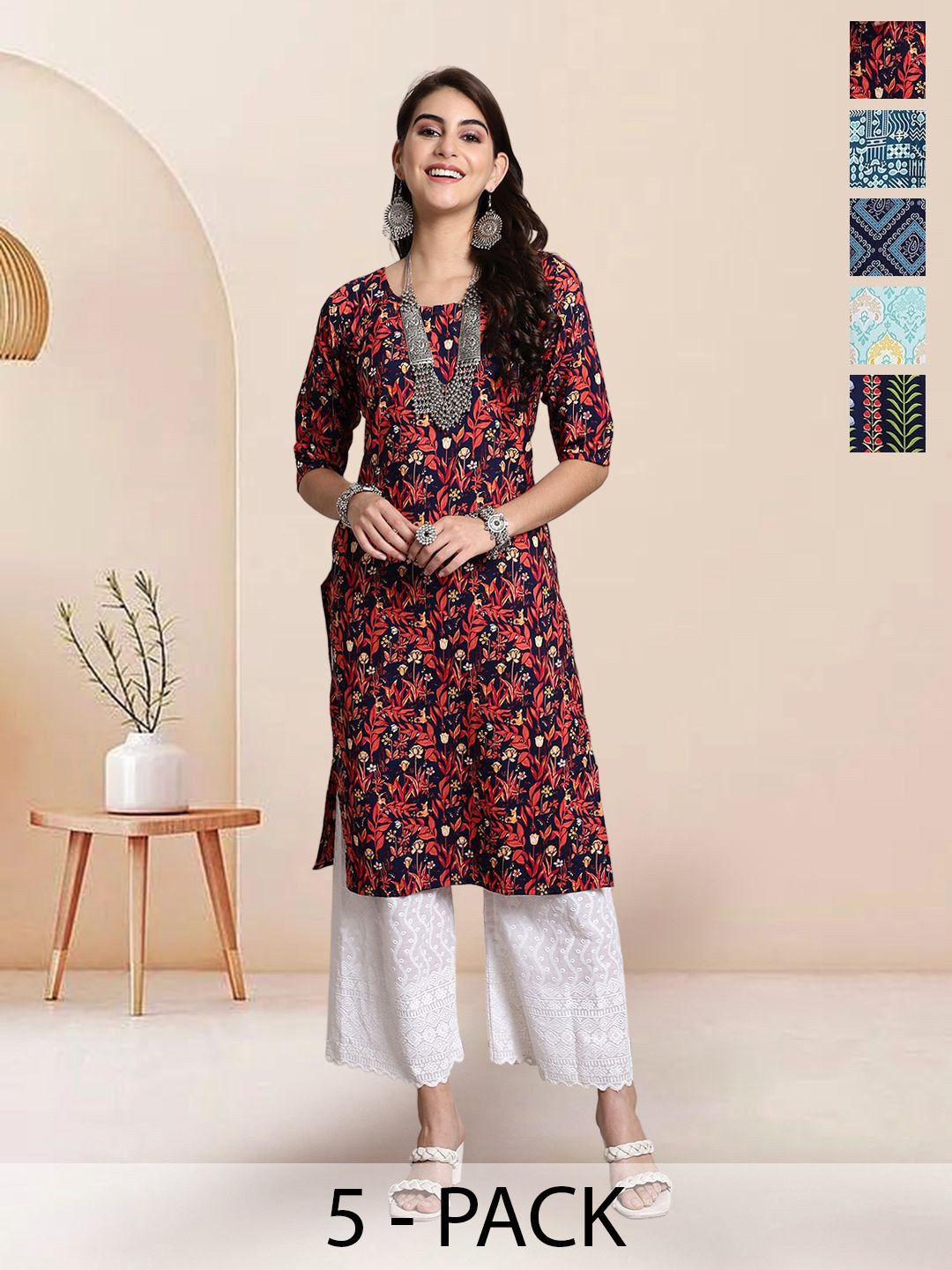 

7Threads Selection Of 5 Floral Printed Round Neck Kurtas, Blue