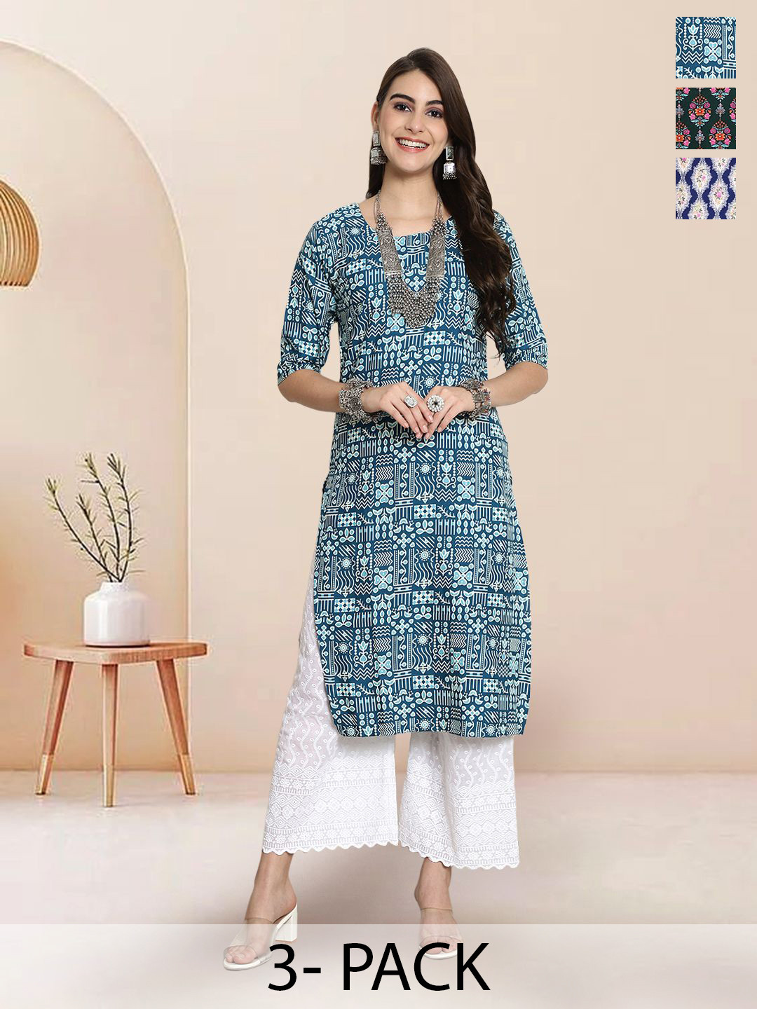 

7Threads Selection of 3 Ethnic Motifs Printed Round Neck Straight Kurtas, Blue