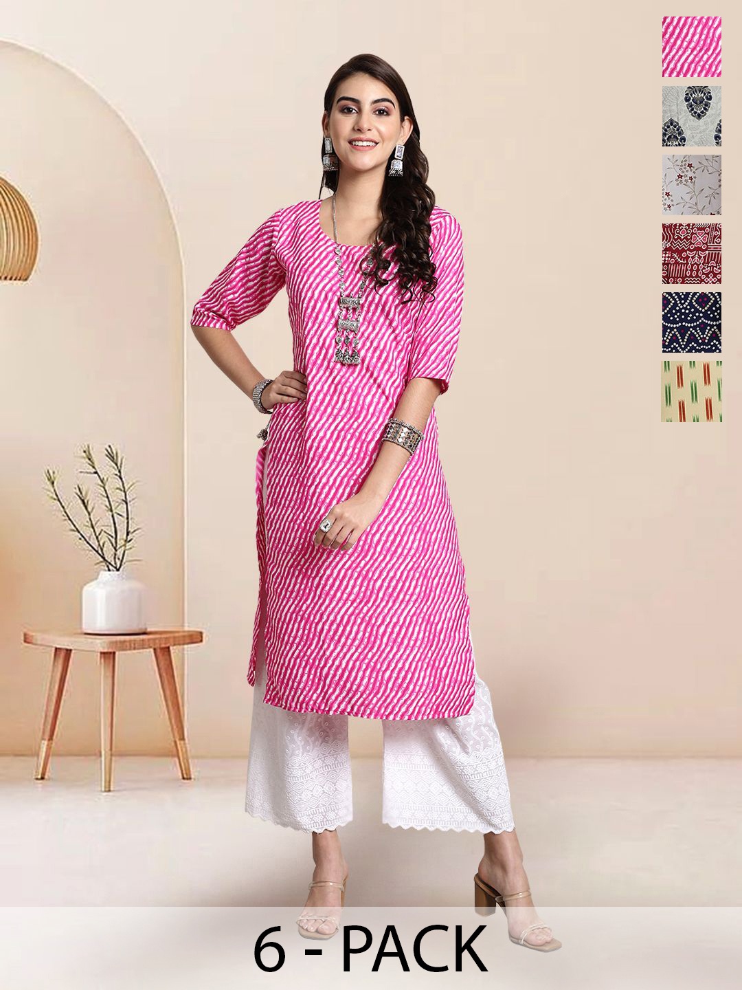 

7Threads Selection Of 6 Leheriya Printed Round Neck Straight Kurtas, Pink