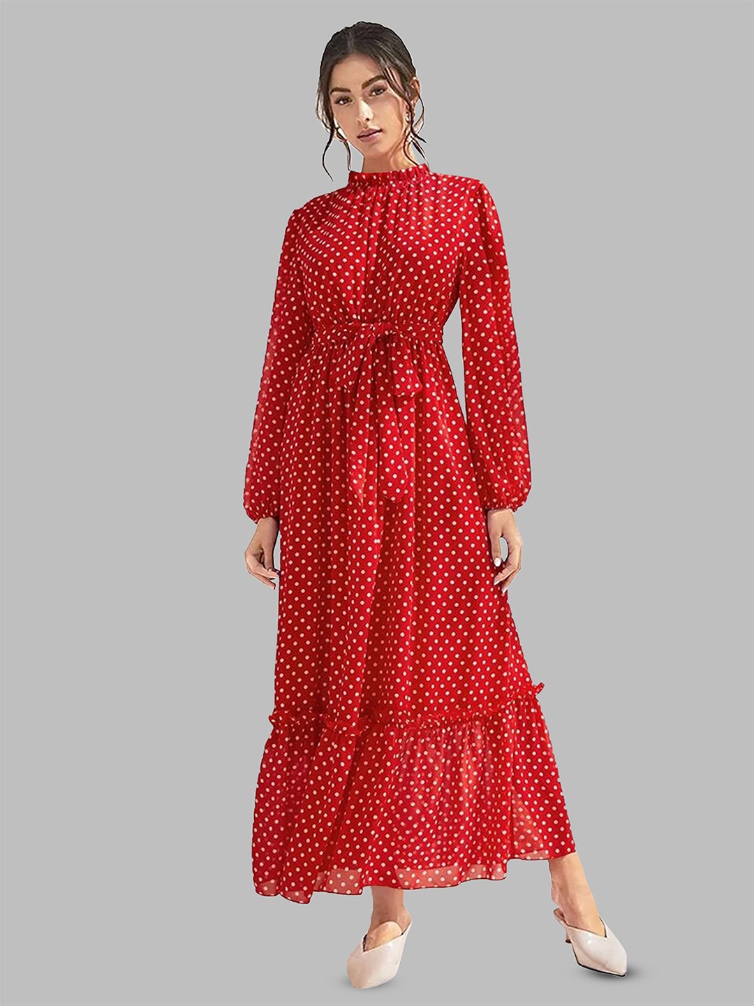 

DHUNKI Print Puff Sleeve Georgette Fit & Flare Maxi Dress, Red