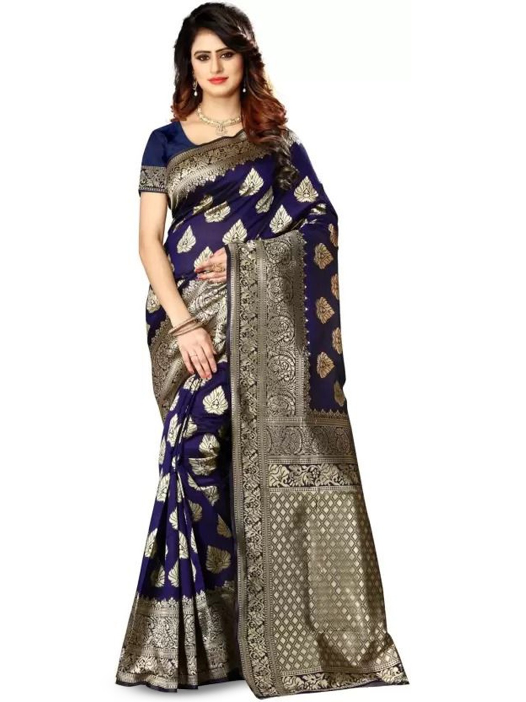 

KALINI Woven Design Zari Pure Silk Kanjeevaram Saree, Navy blue