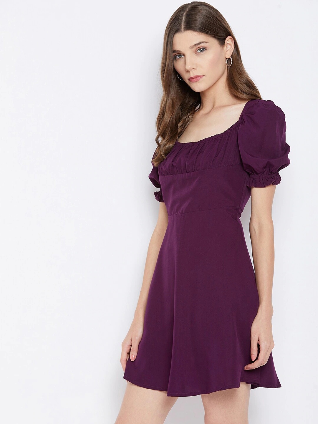 

U&F Puff Sleeve Crepe Fit & Flare Dress, Purple