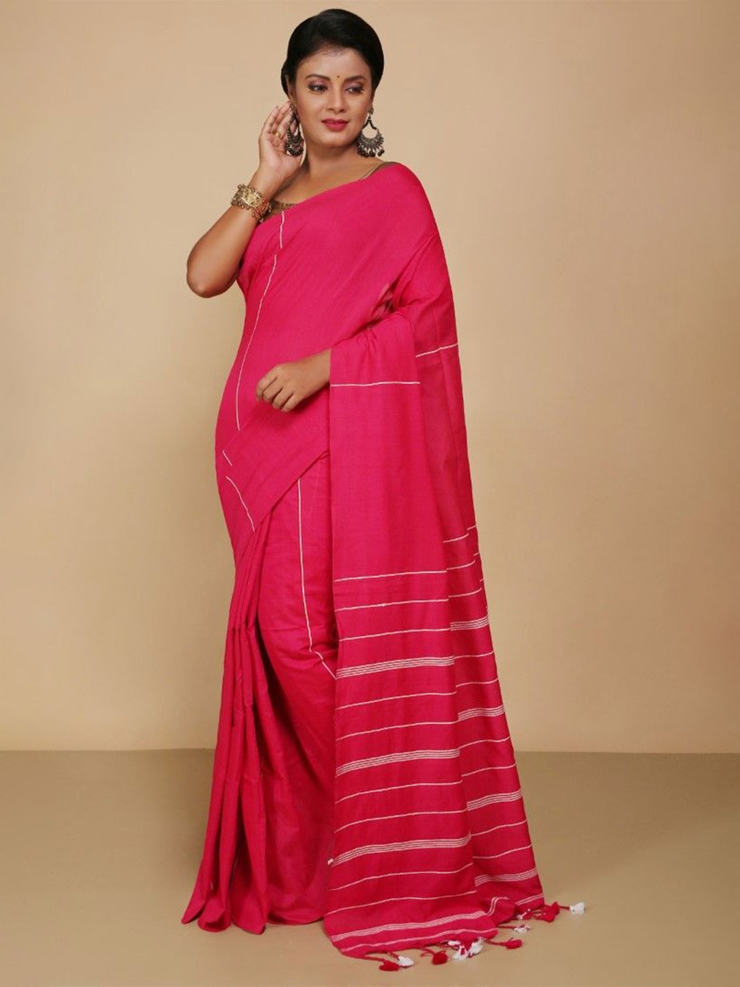

BENGAL HANDLOOM Woven Design Art Silk Taant Saree, Pink