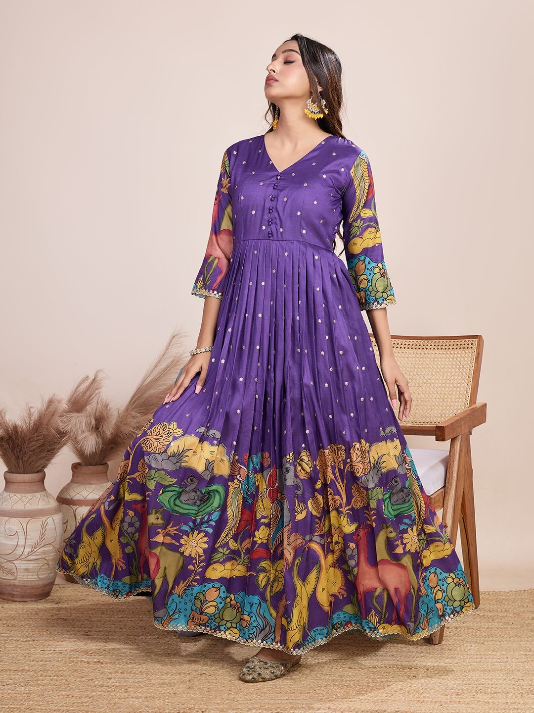 

Tasarika Printed V-Neck Maxi Ethnic Dress, Purple