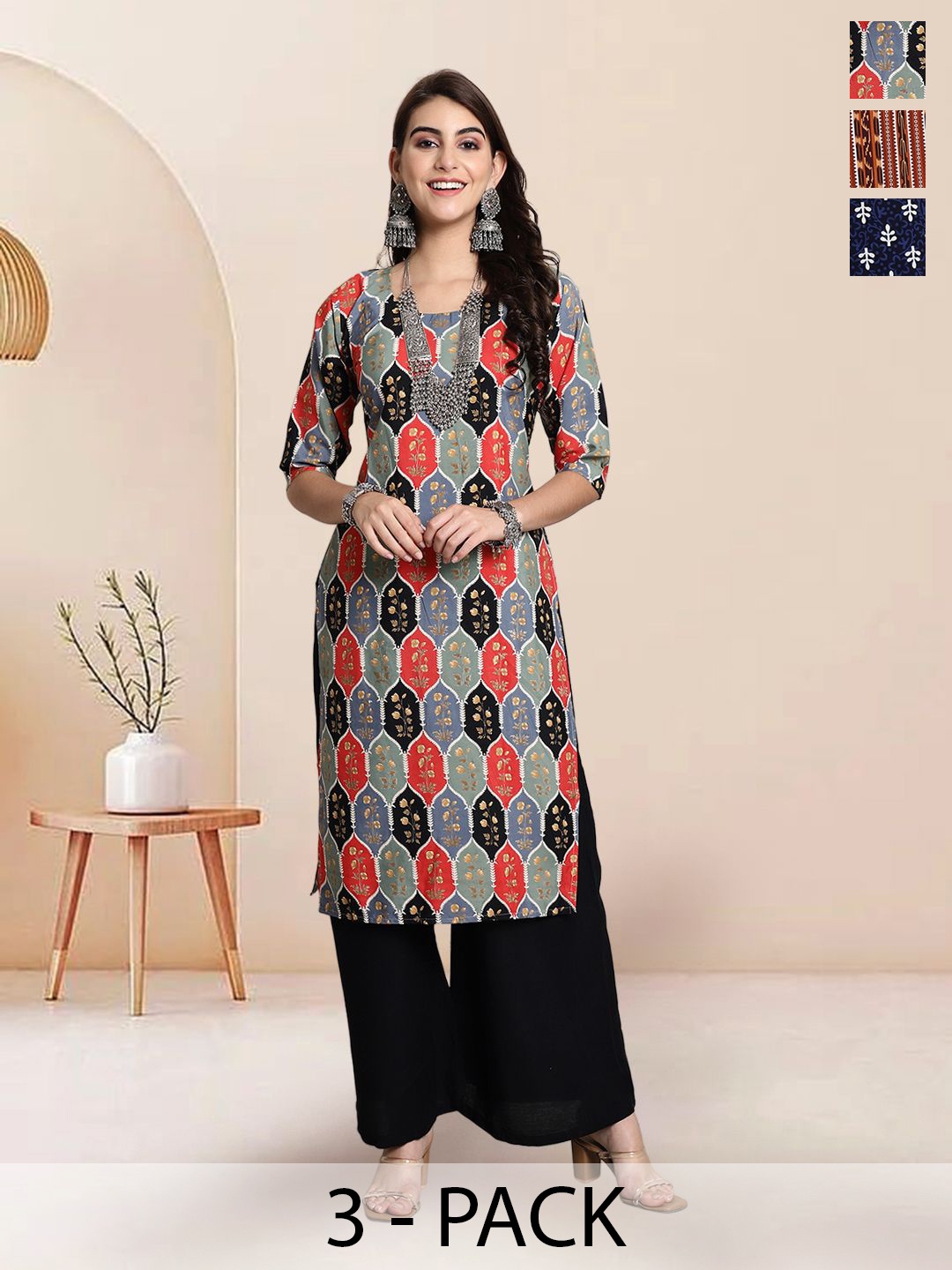 

7Threads Selection Of 3 Ethnic Motifs Printed Round Neck Straight Kurta, Black