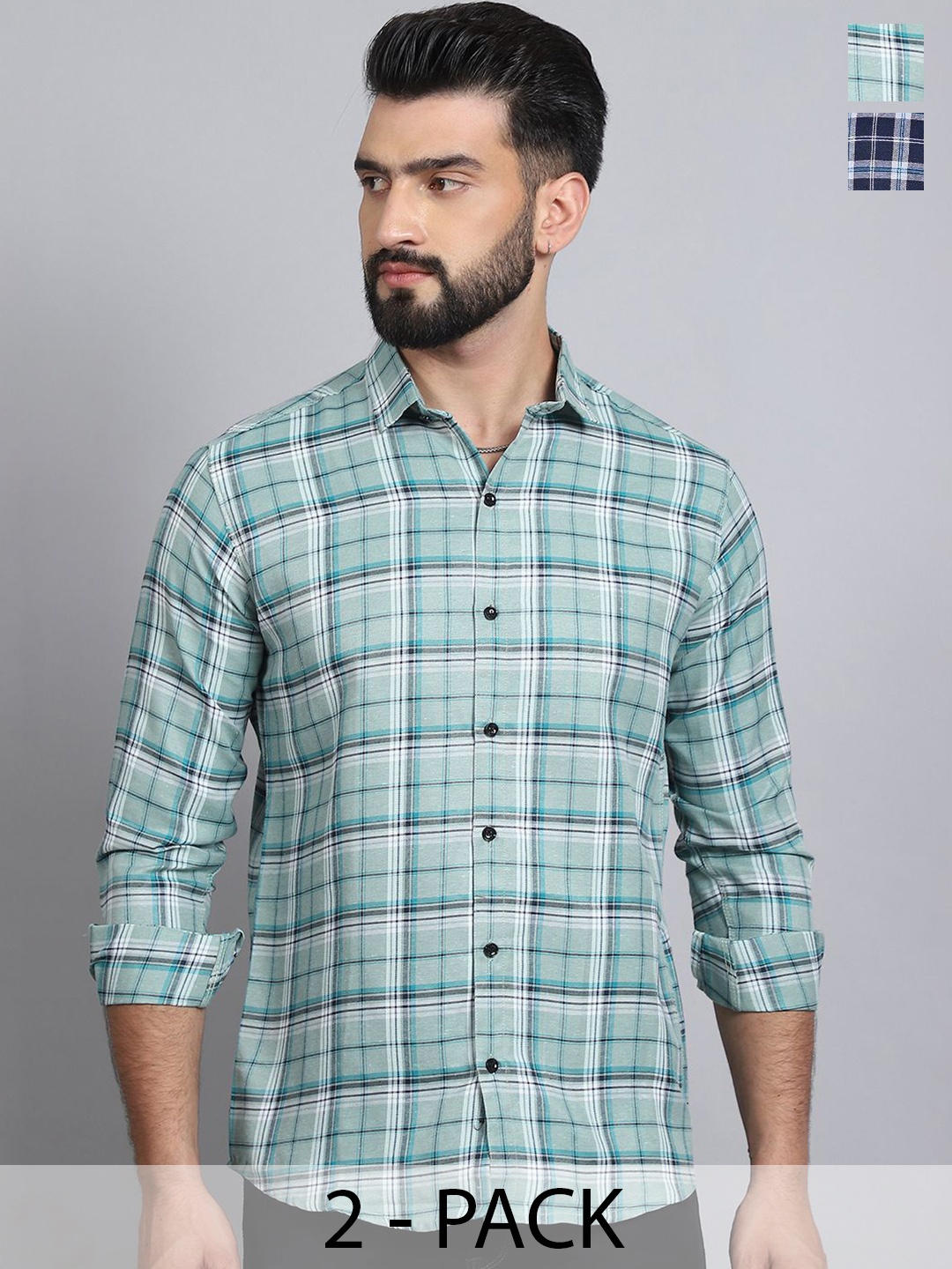 

Tanip Men Pack Of 2 Spread Collar Checked Cotton Casual Shirts, Sea green