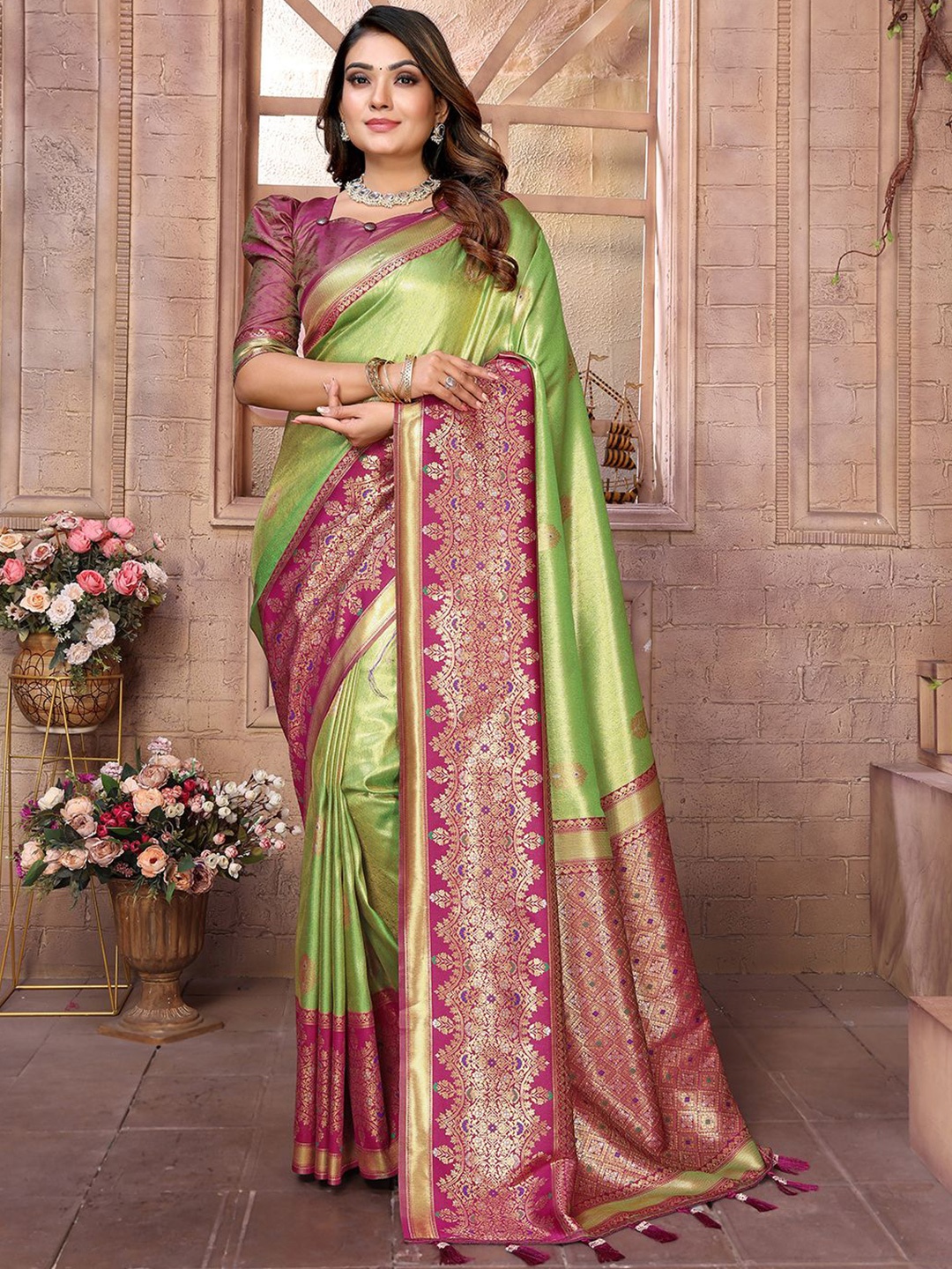

Panzora Woven Design Zari Silk Blend Designer Banarasi Saree, Green