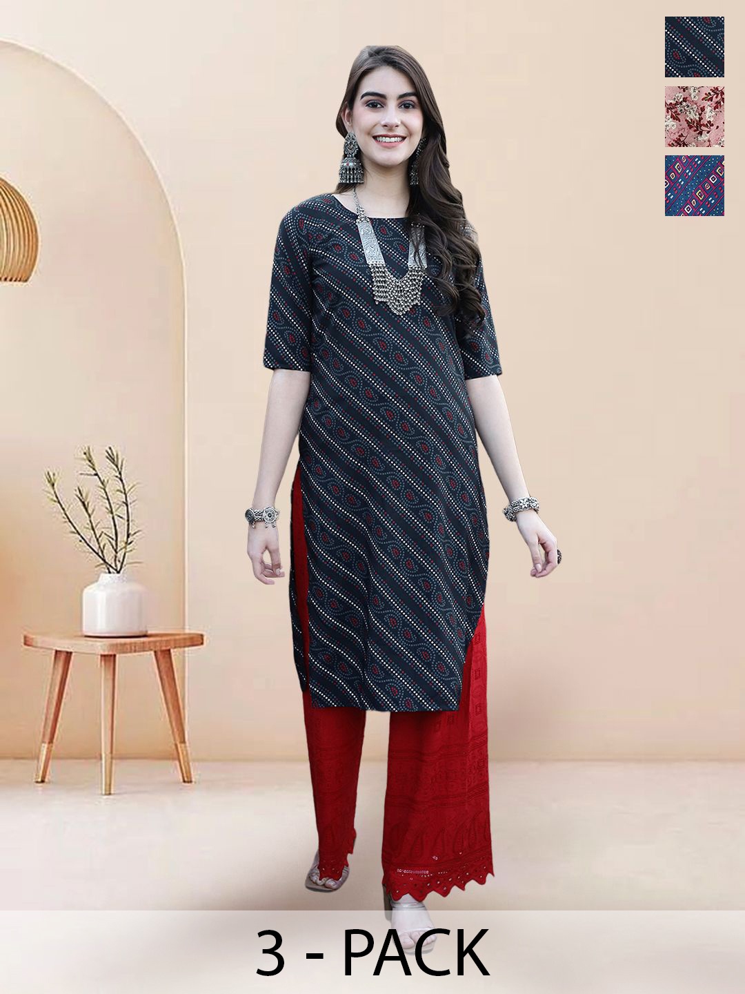 

7Threads Selection Of 3 Ethnic Printed Straight Kurtas, Black