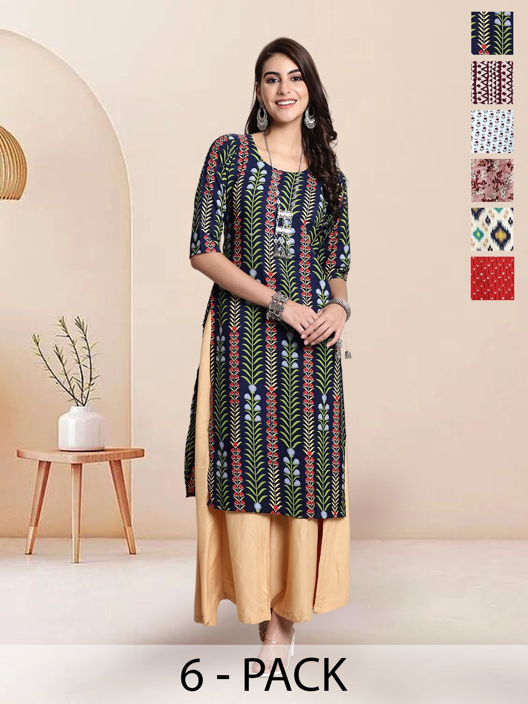 

7Threads Selection Of 6 Floral Printed Round Neck Straight Kurtas, Pink