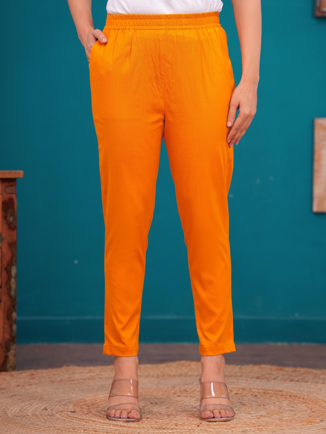 

Meeranshi Women Relaxed Straight Leg Straight Fit Pleated Trousers, Orange