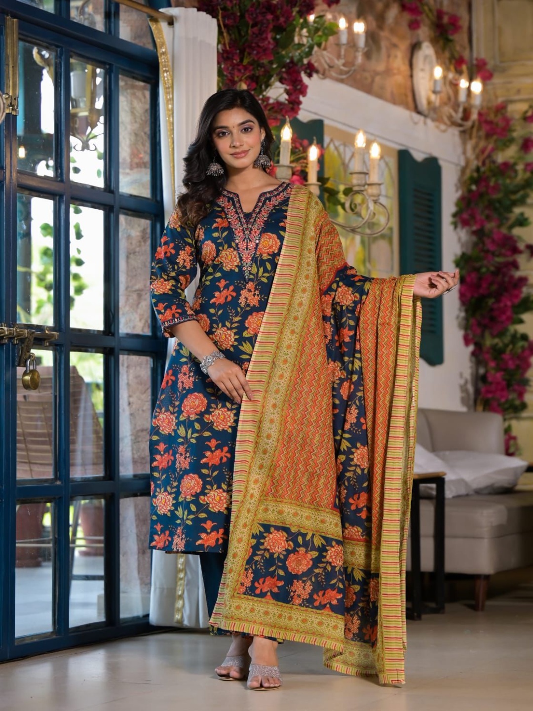 

KAJREE Floral Printed Regular Thread Work Pure Cotton Kurta with Pyjamas & Dupatta, Navy blue