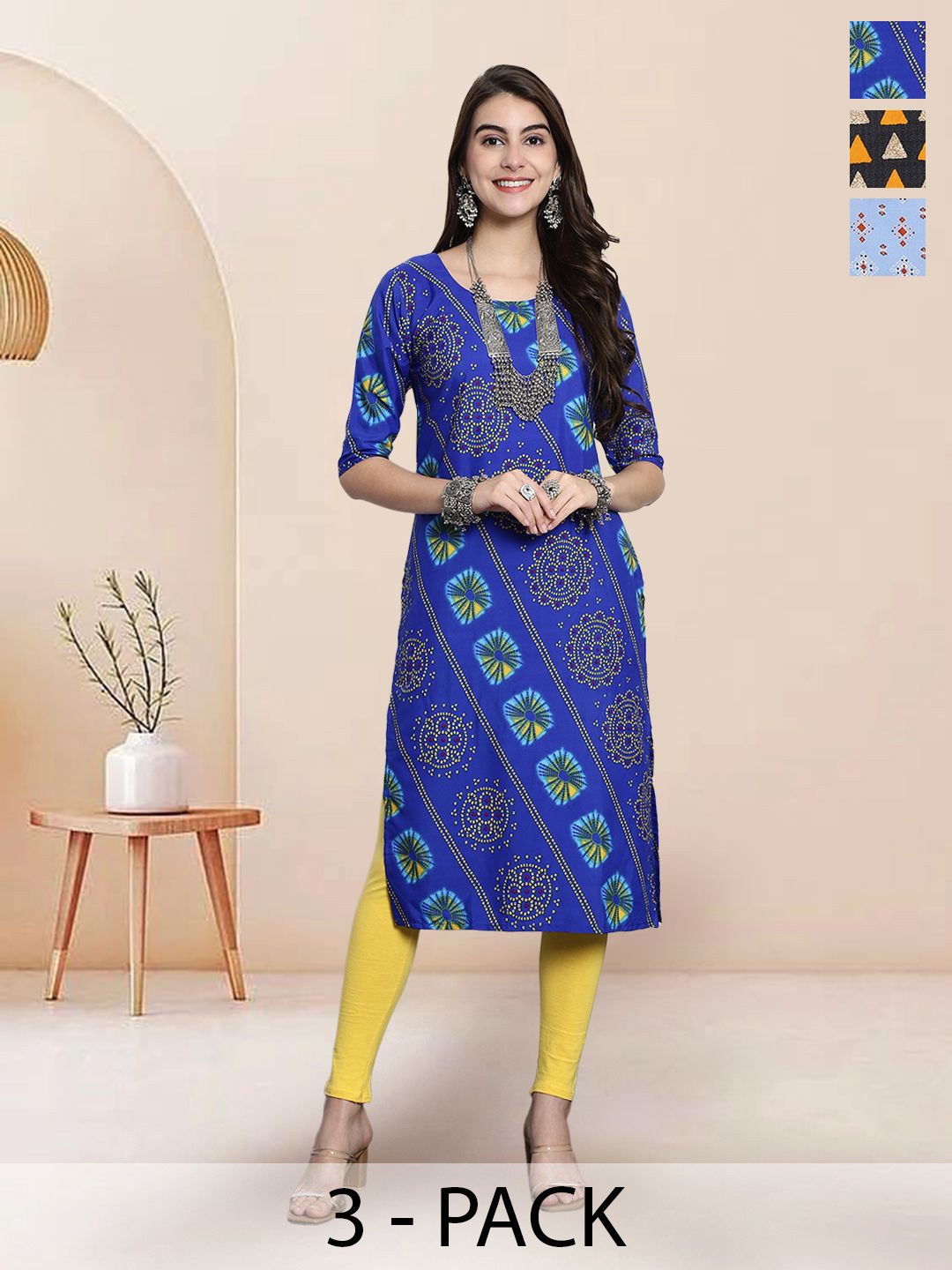 

7Threads Selection Of 3 Ethnic Motifs Printed Round Neck Straight Kurtas, Blue