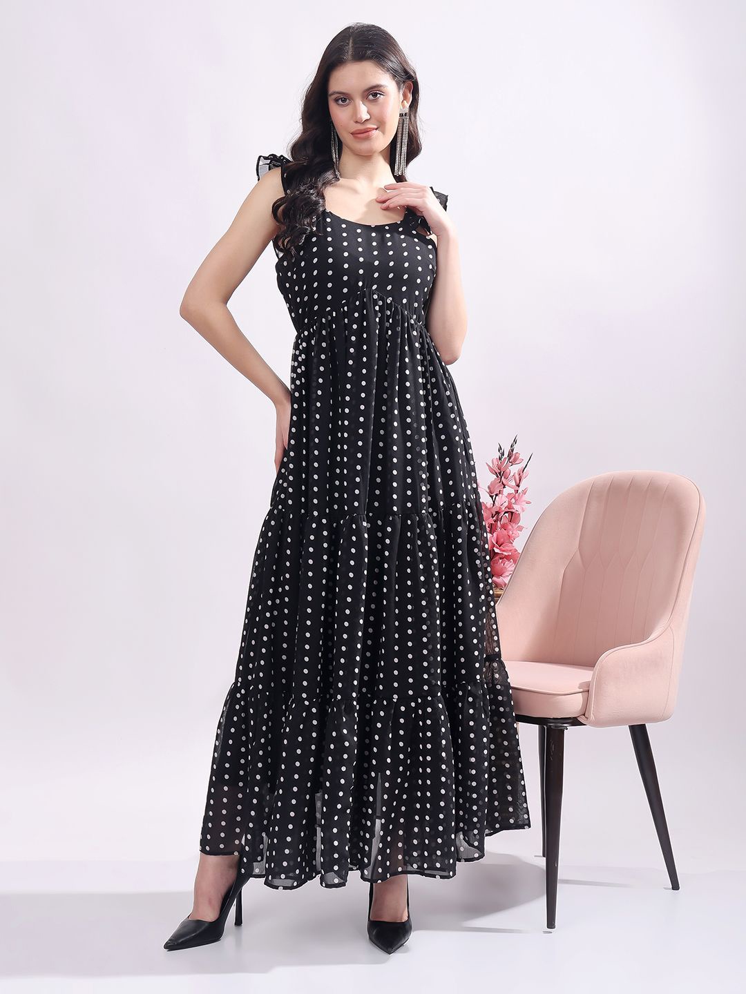 

T TRYON ULTIMATE Polka Dot Georgette Maxi Dress, Black