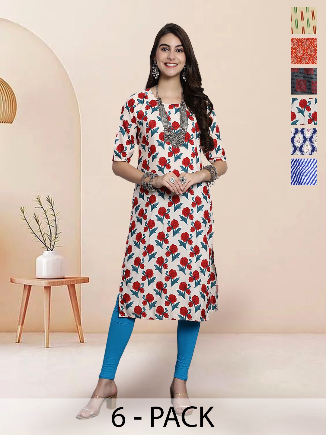 

7Threads Selection Of 6 Floral Printed Kurtas, Pink