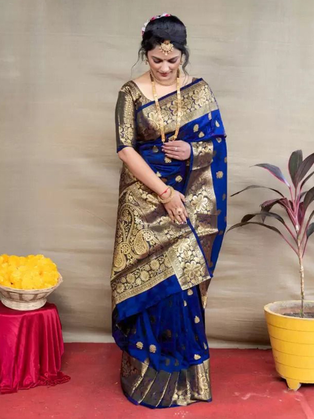 

KALINI Woven Design Zari Pure Silk Kanjeevaram Saree, Blue