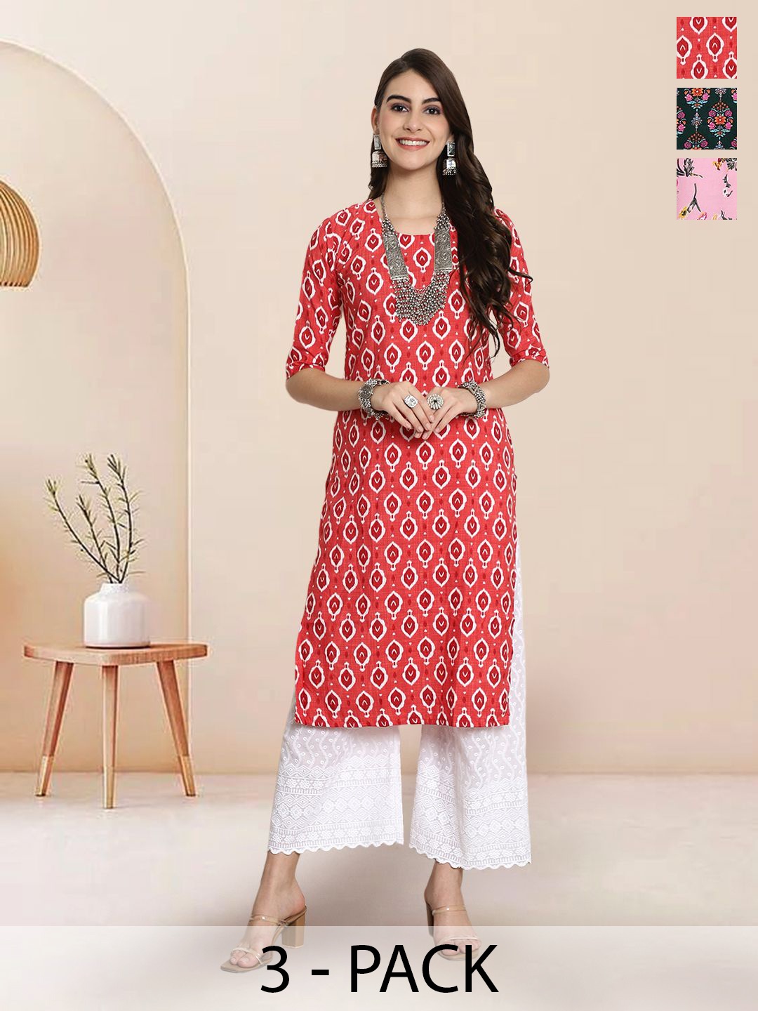 

7Threads Selection Of 3 Geometric Printed Round Neck Straight Kurtas, Red