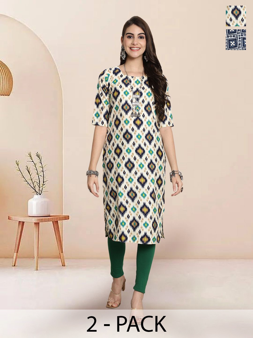 

7Threads Selection Of 2 Geometric Printed Round Neck Straight Kurtas, White