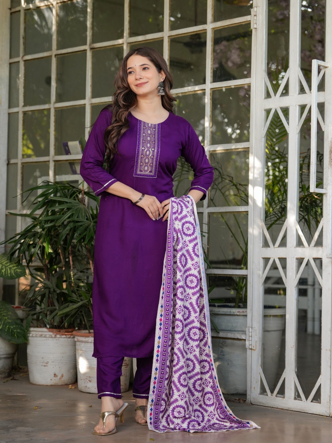 

Anouk Floral Embroidered Sequinned Straight Kurta With Trousers & Dupatta, Purple