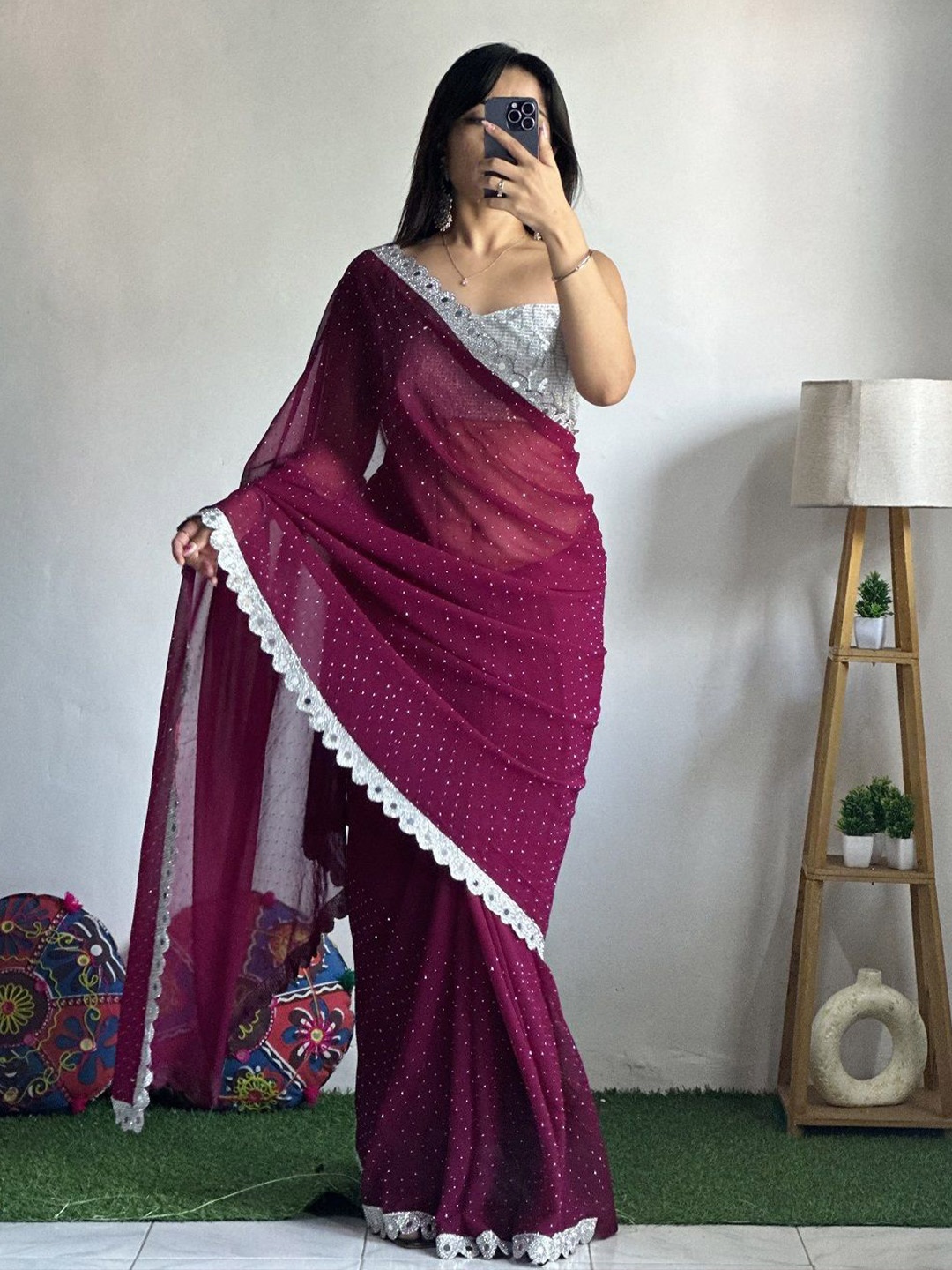 

Fashion Ritmo Embellished Beads and Stones Pure Silk Saree, Pink