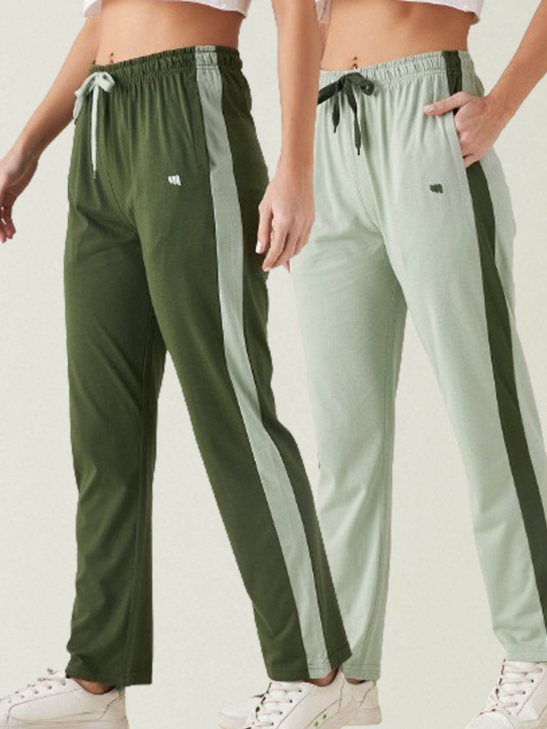 

Modeve Women Pack Of 2 Striped Cotton Mid Rise Track Pants, Olive