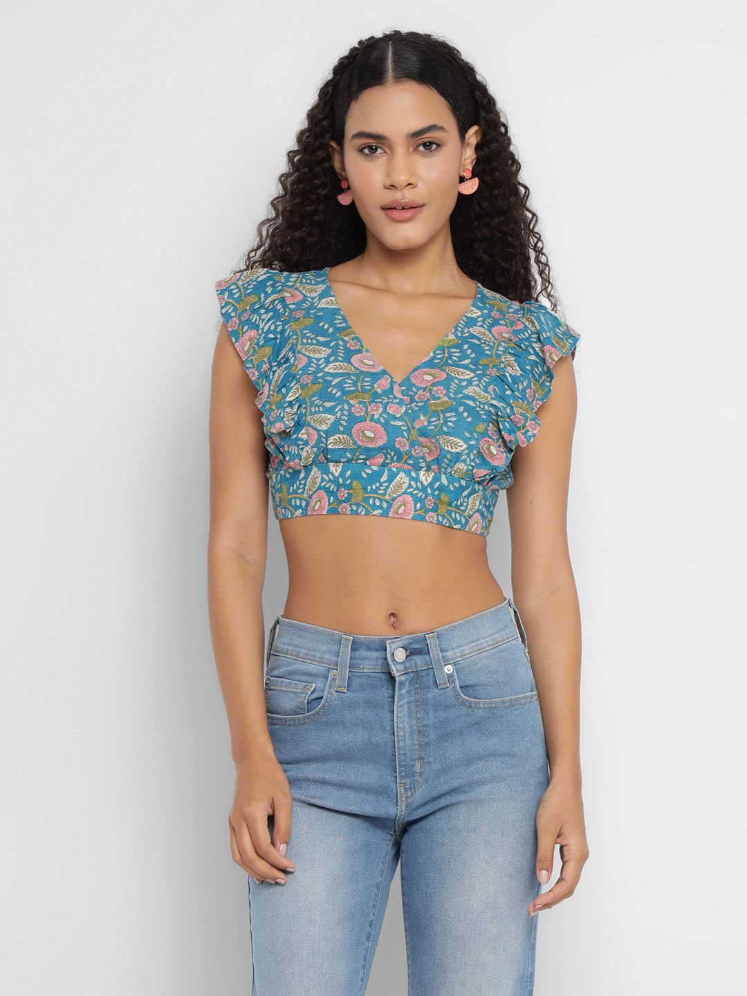 

Porsorte Floral Print Blouson Crop Top, Blue