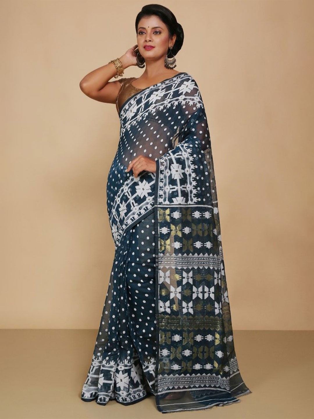 

BENGAL HANDLOOM Ethnic Motifs Art Silk Jamdani Saree, Grey