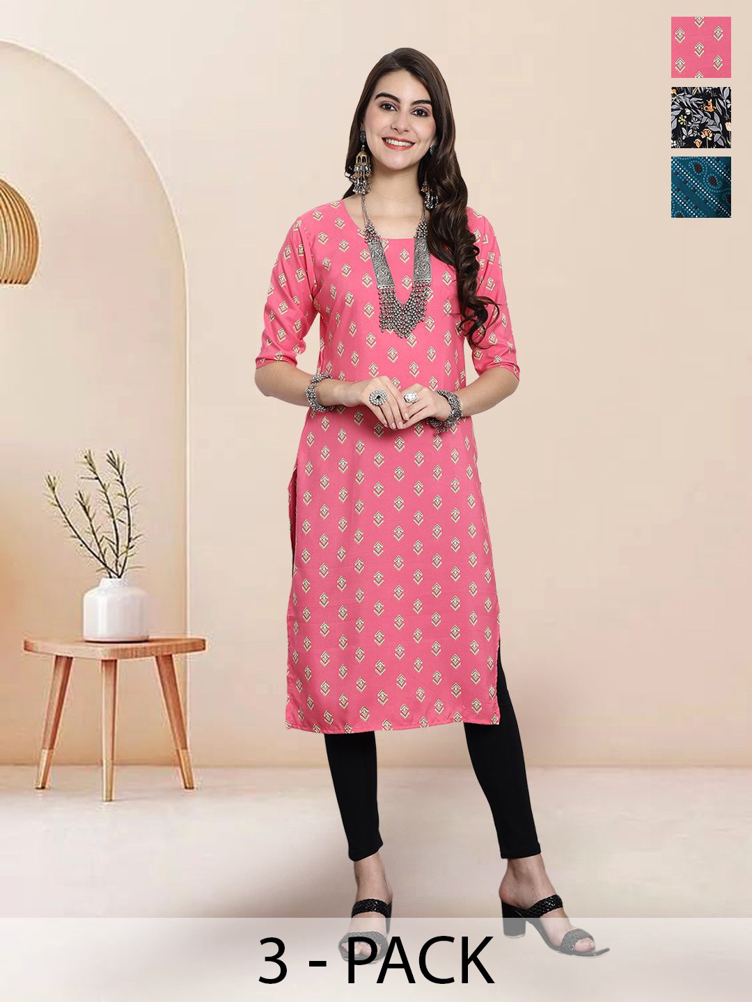 

7Threads Selection Of 3 Geometric Printed Round Neck Straight Kurtas, Pink