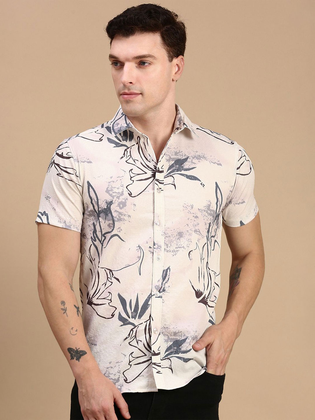 

Classic Polo Men India Slim Fit Spread Collar Floral Printed Cotton Casual Shirt, Beige