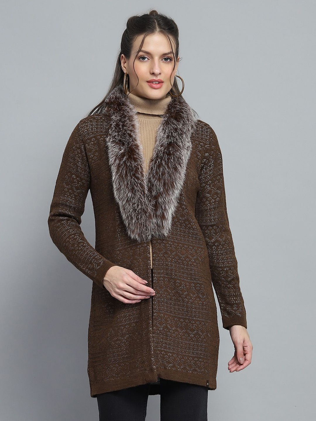 

Monte Carlo Women Woollen Longline with Fuzzy Detail, Brown