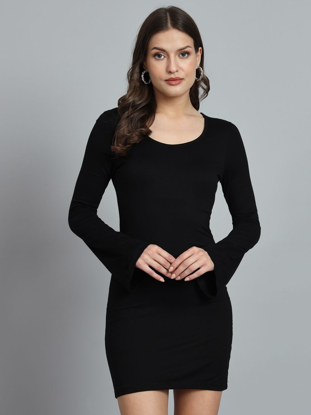 

ND & R Women Strechable Solid Full Sleeve Bodycon Mini Length Dress, Black