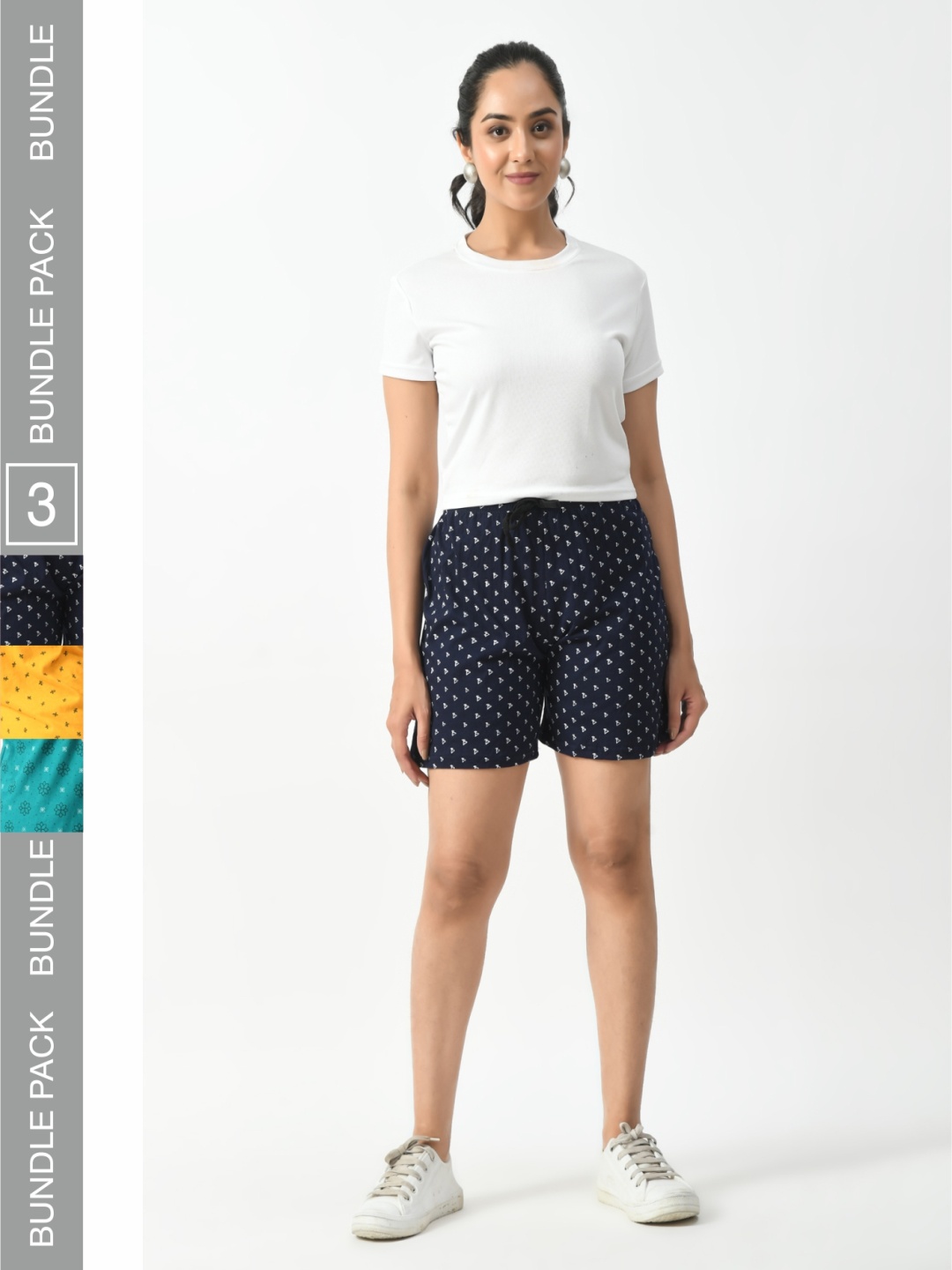 

BAESD Women Pack Of 3 Printed Pure Cotton High-Rise Shorts, Navy blue
