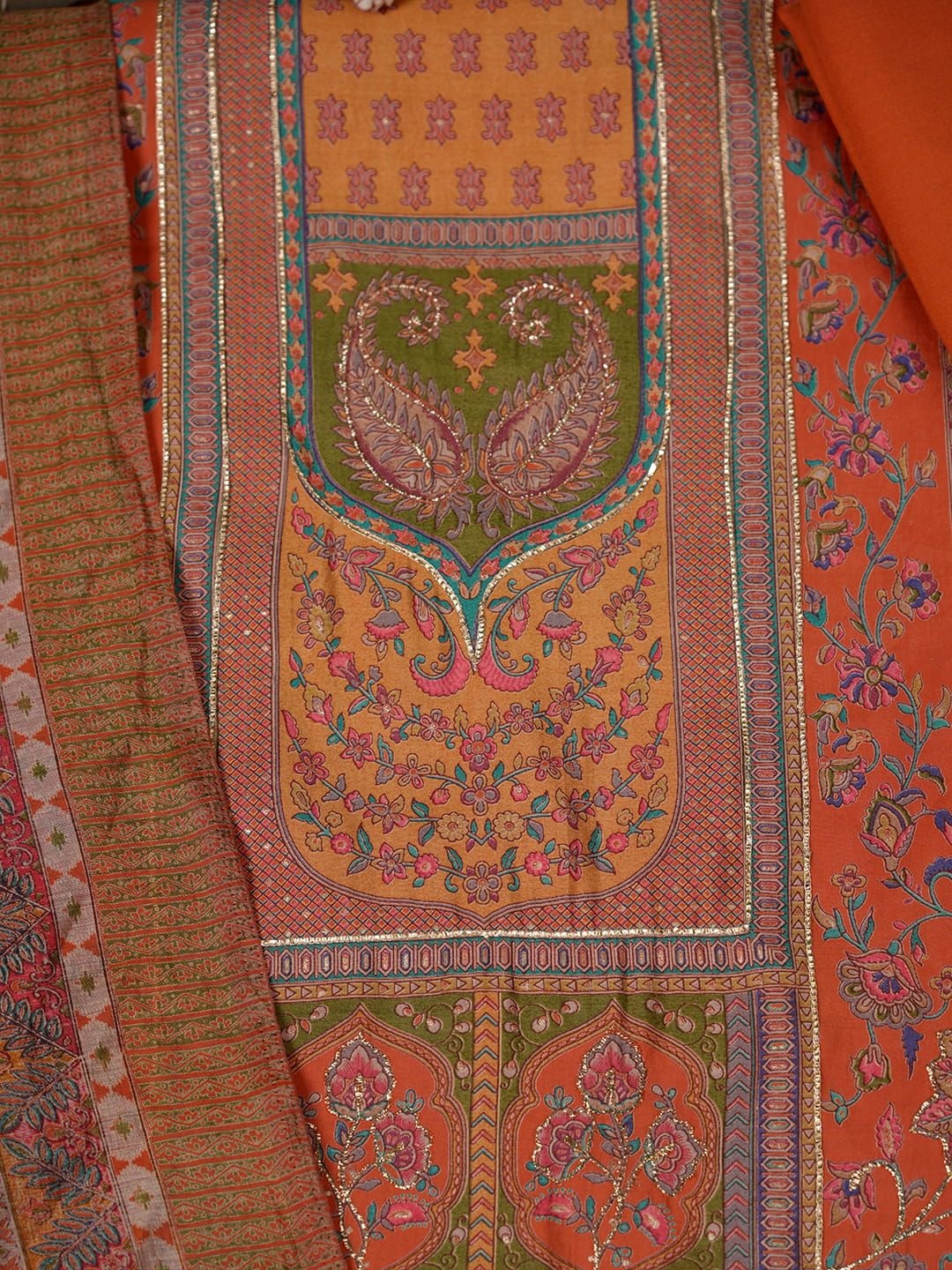 

MOZAFIA Floral Printed Sequinned Unstitched Dress Material, Orange