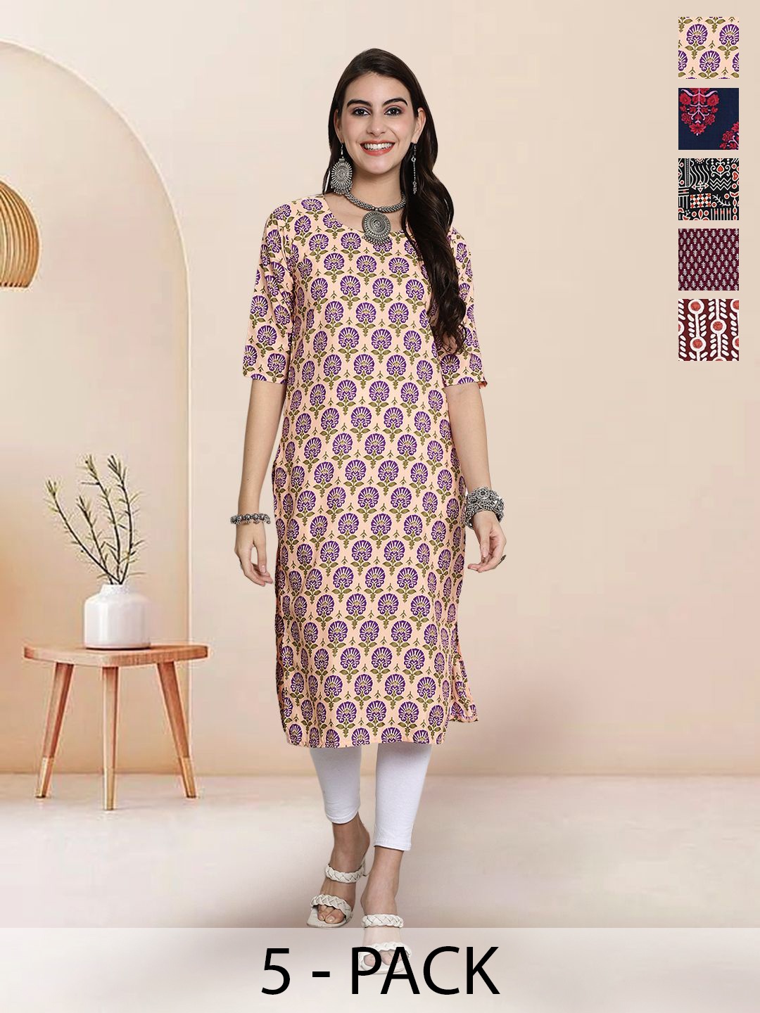 

7Threads Selection of 5 Floral Printed Round Neck Straight Kurtas, Cream