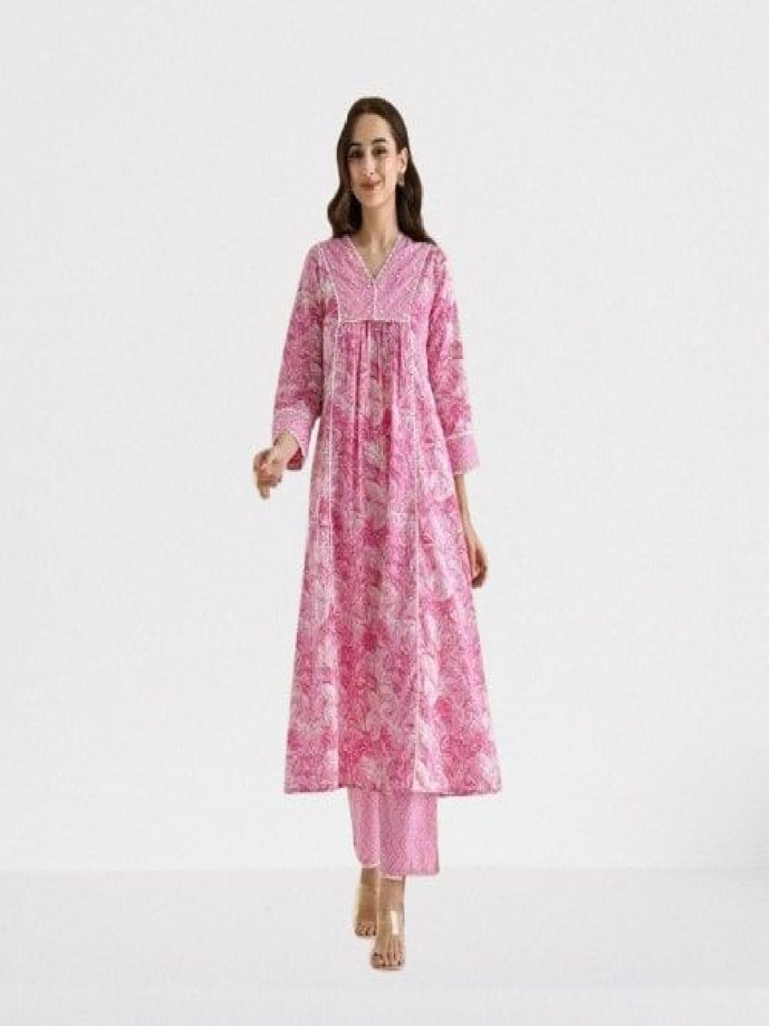 

KALINI Floral Printed Beads and Stones Pleated A-Line Kurta With Trousers, Pink