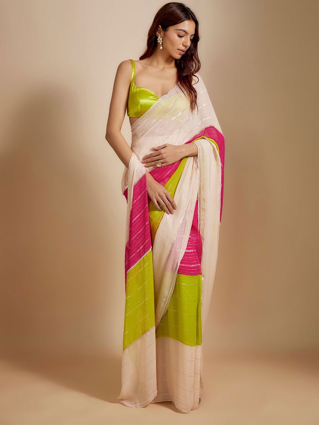 

JULEE Colourblocked Pure Georgette Saree, White