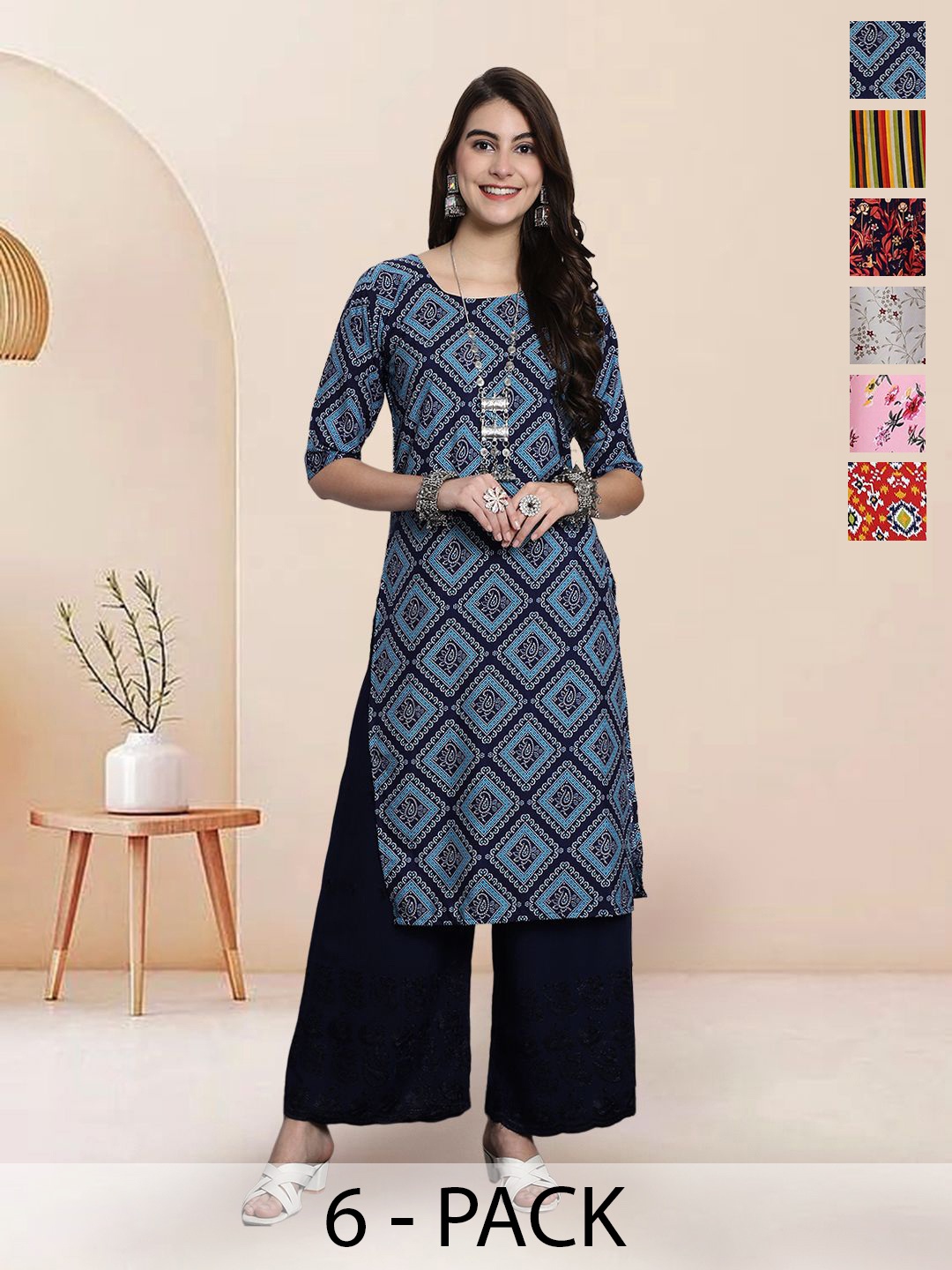 

7Threads Selection of 6 Geometric Printed Round Neck Straight Kurtas, Navy blue