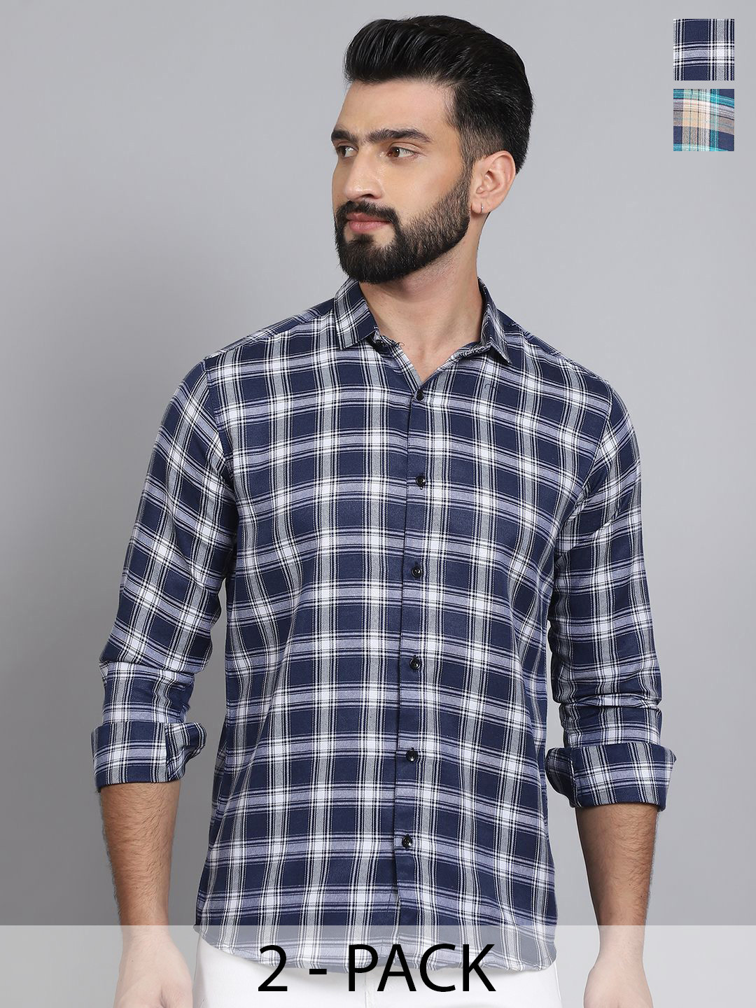 

Tanip Men Pack Of 2 Spread Collar Tartan Checked Cotton Casual Shirts, Navy blue