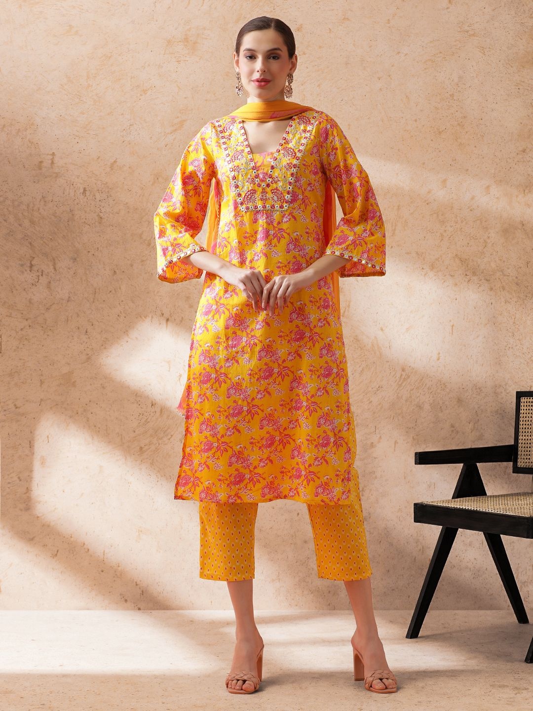 

STYLEBAAZI Embroidered V-Neck Sequinned Pure Cotton Straight Kurta With Trouser & Dupatta, Yellow