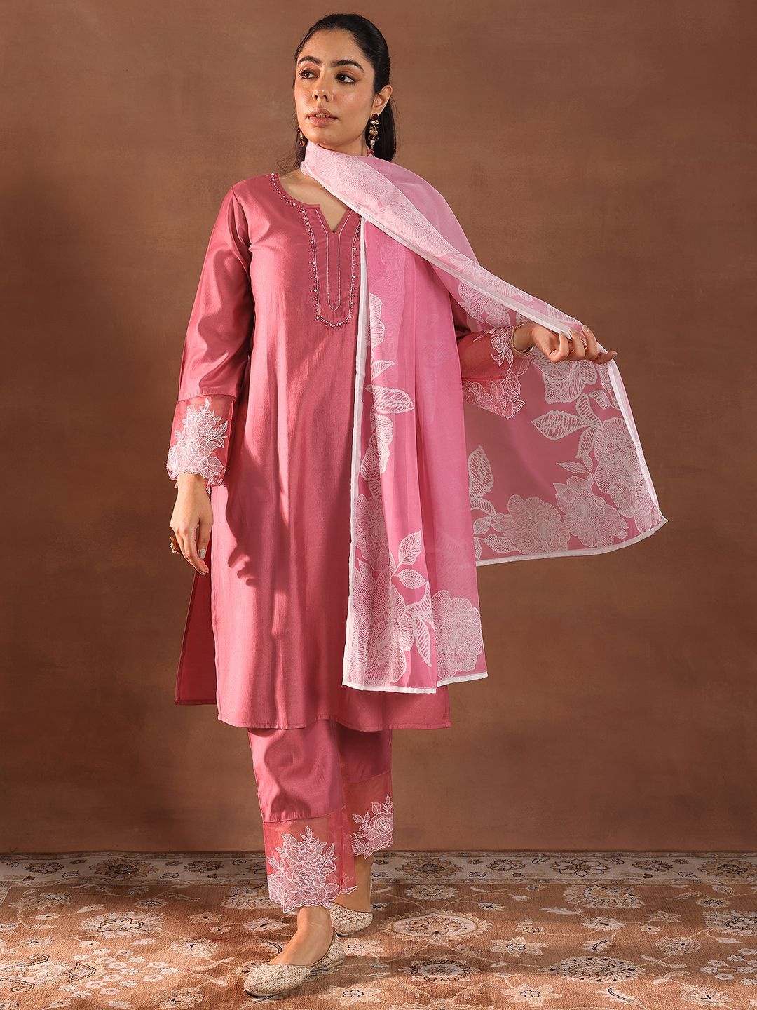 

Libas Floral Embroidered Beads Work Straight Kurta With Trousers & Dupatta, Pink