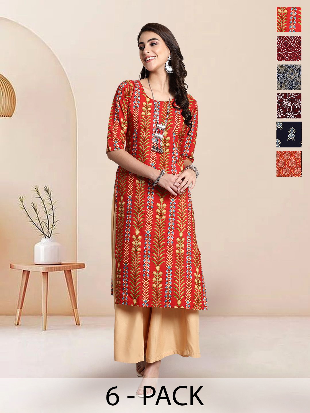 

7Threads Selection Of 6 Floral Printed Straight Kurtas, Red