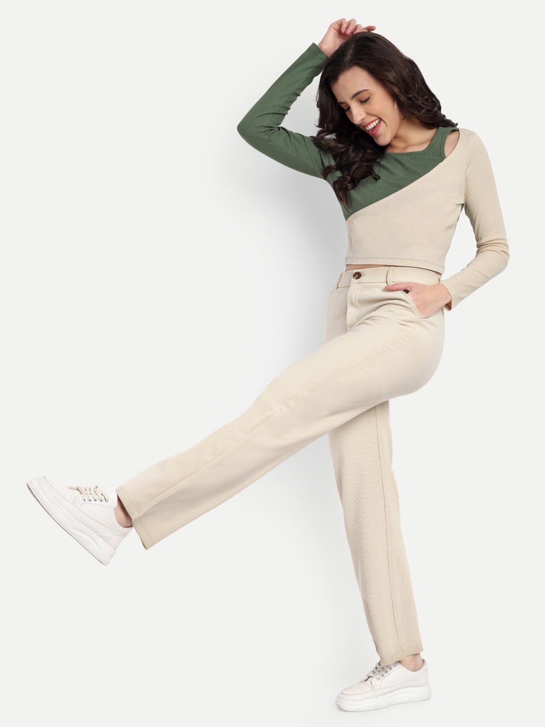 

Next One Women Smart Straight Fit High-Rise Easy Wash Cotton Corduroy Chinos Trousers, Beige