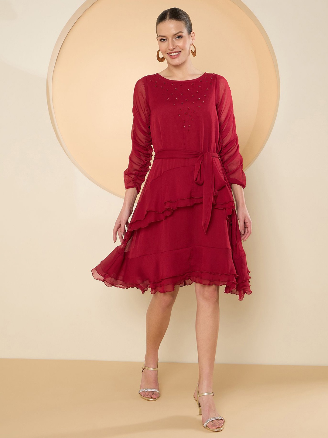 

Antheaa Women Chiffon Fit & Flare Embellished Dress, Red