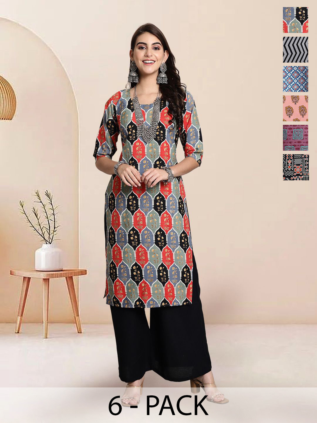

7Threads Selection Of 6 Floral Printed Round Neck Straight Kurtas, Black