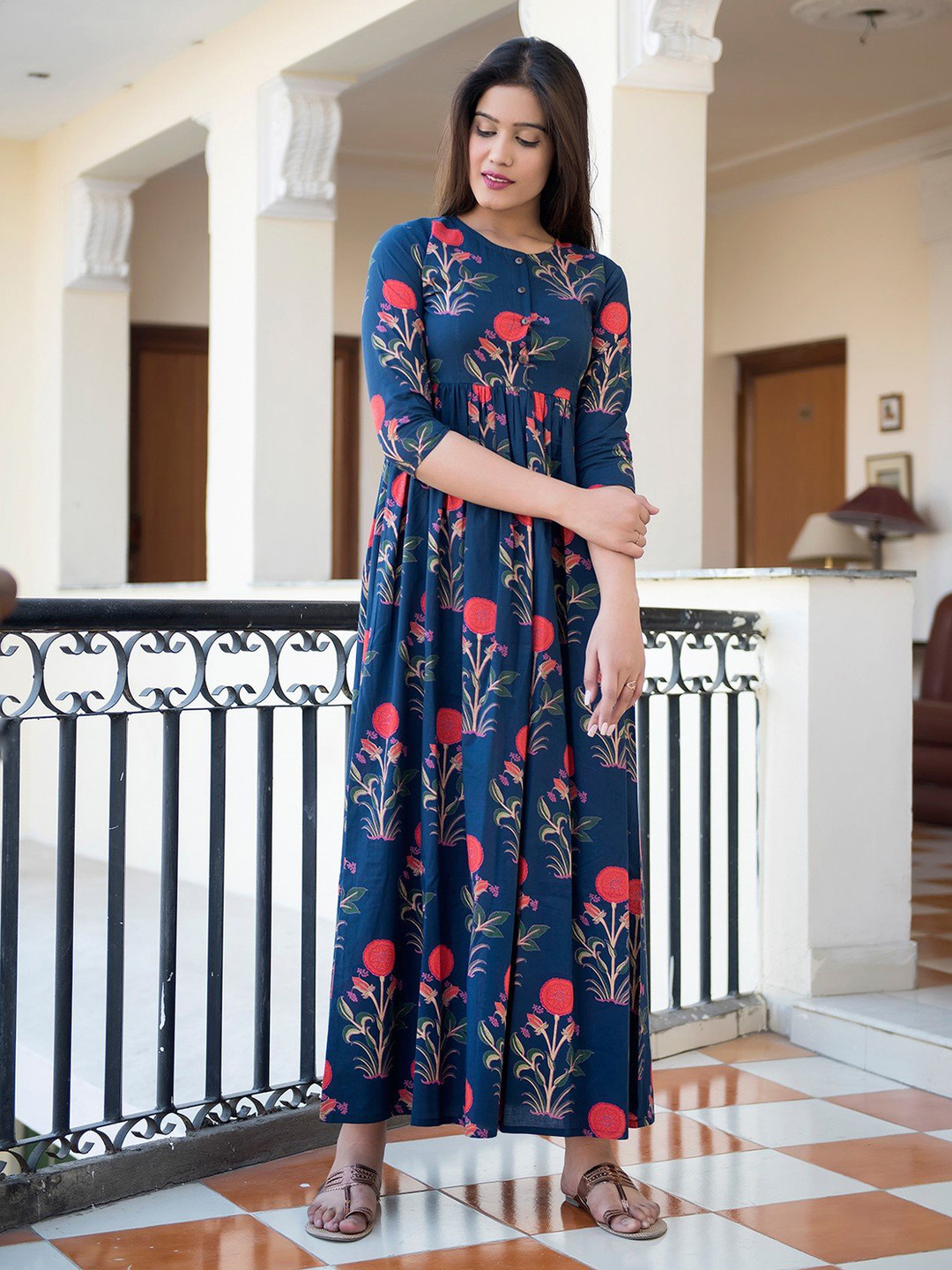 

ODETTE Women Geometric Printed Mirror Work Anarkali Kurta, Blue
