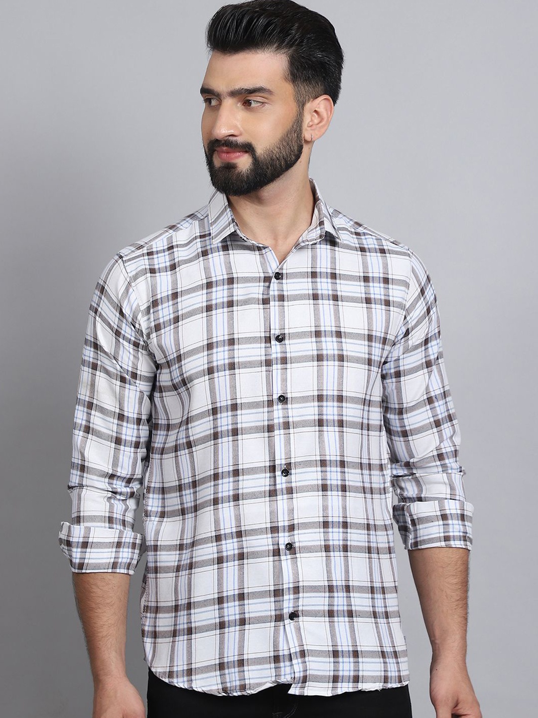 

Tanip Men Pack Of 2 Spread Collar Tartan Checked Cotton Casual Shirts, White