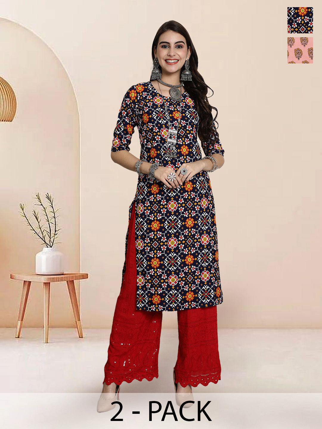 

7Threads Selection of 6 Ethnic Motifs Printed Round Neck Straight Kurtas, Black