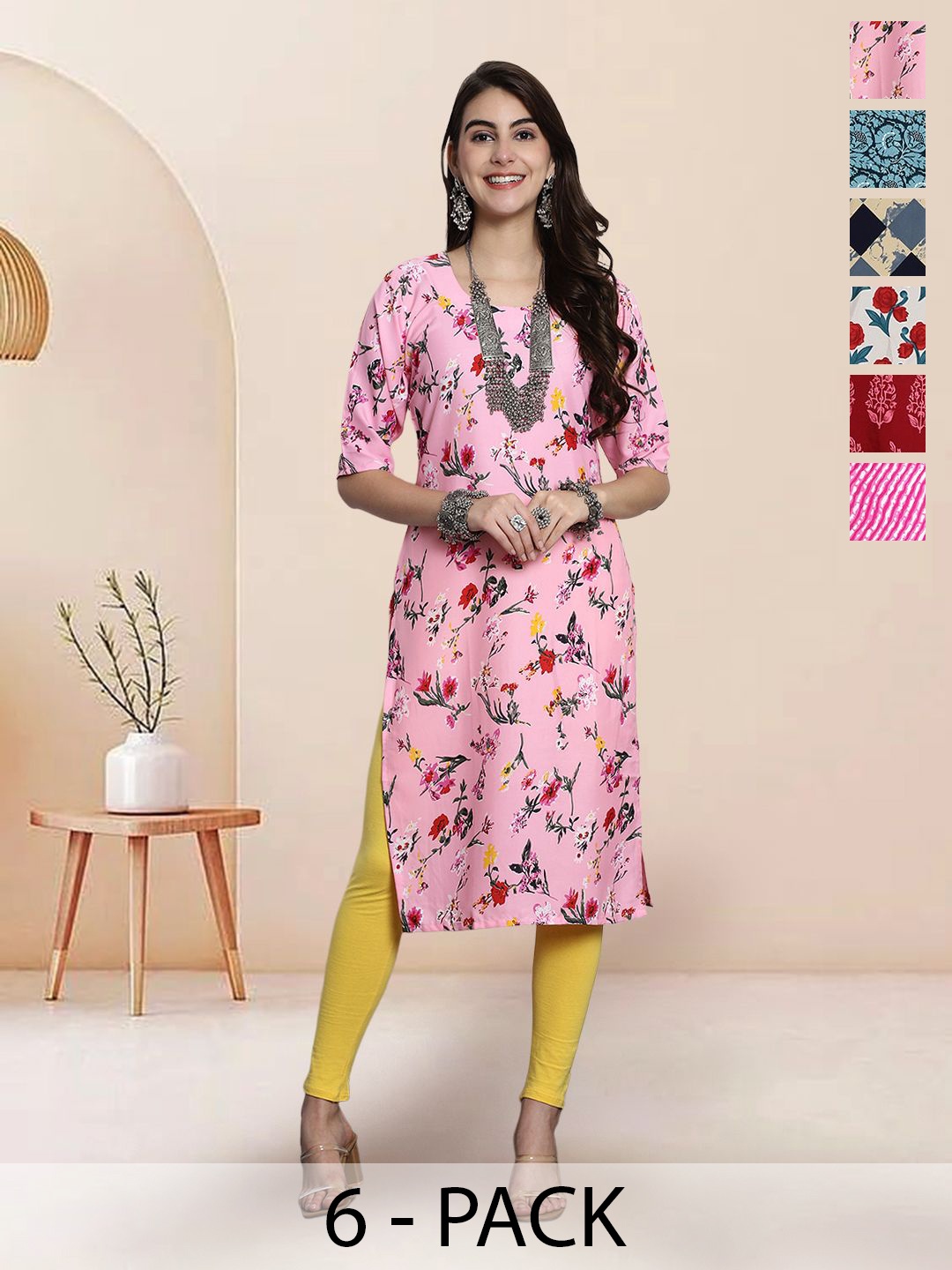 

7Threads Selection Of 6 Floral Printed Round Neck Straight Kurtas, Peach